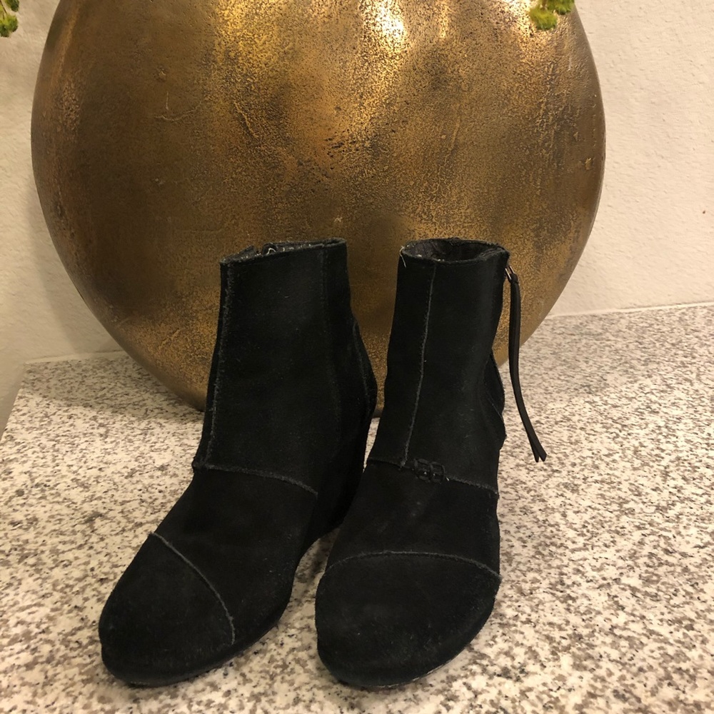 TOMS black suede wedge booties